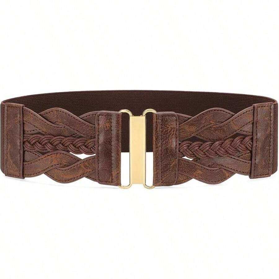 Vintage Stretchy Wide Elastic Belt With Gold Buckle For Women - 復古咖啡 - 查看 1