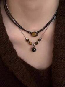 2PCS Vintage Leather Brown Stone Pendant Necklace Women's Retro Stacking Choker Temperament Clavicle Chain Hip Hop Jewelry Accessory - Bộ 2 món - Xem 1
