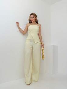 Women's Strapless Jumpsuit With Back Zipper And Button Details/Y009 - Yellow - View 5