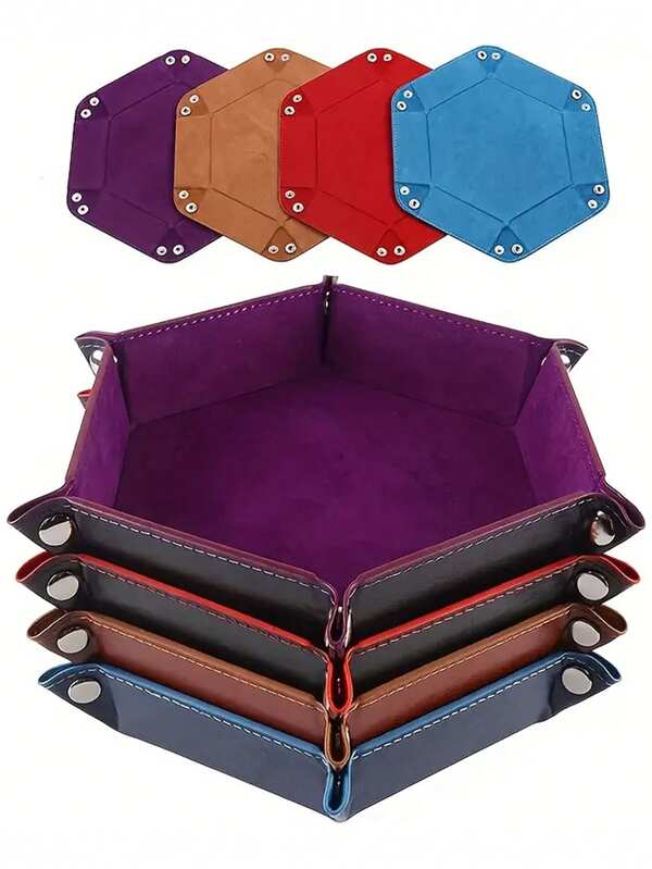 Bandeja de dados hexagonal de veludo com caixa de armazenamento dobrável, organizador de mesa de couro sintético, design hexagonal, Natal