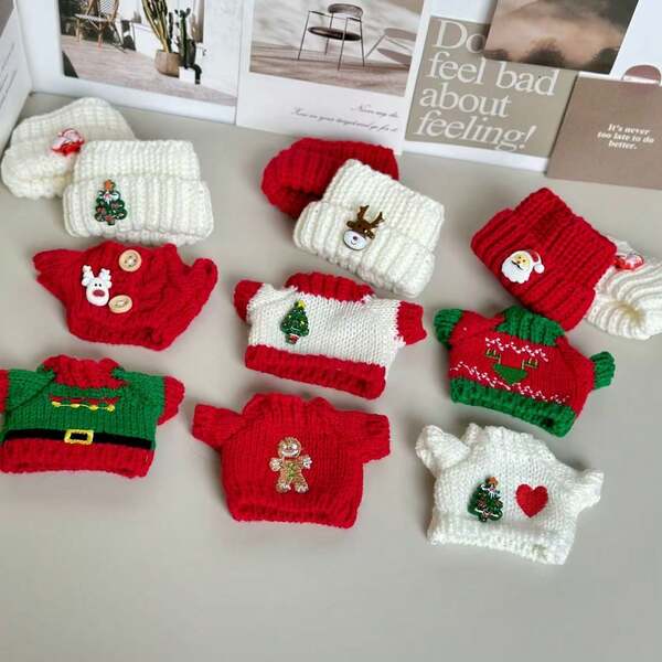 Traje de punto miniatura de Navidad para LABUBU, adecuado para la 1ª, 2ª y 3ª generación de LBB de 17 cm, nuevo conjunto de sombrero de Navidad con dibujos animados, ropa decorativa para muñecas