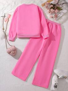 Left Mama 2pcs/Set Girls Floral Print Thermal Lined Long Sleeve Top And Straight Pants Set, Autumn/Winter - Hot Pink - View 2