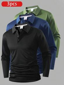 3pcs Men's Breathable Long Sleeve Polo Shirts For Running, Fitness, Golf, Casual Sports, Spring & Autumn