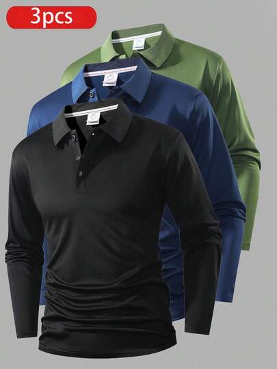 3 piezas Camisas polo de manga larga transpirables para hombres para correr, fitness, golf, deportes casuales, primavera y otoño