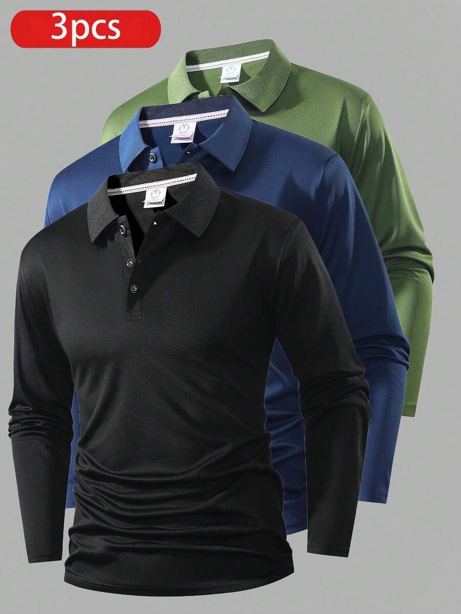 3pcs Men's Breathable Long Sleeve Polo Shirts For Running, Fitness, Golf, Casual Sports, Spring & Autumn