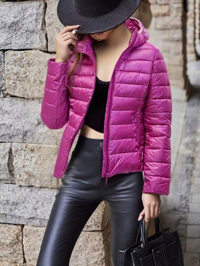 Consigliato di acquistare una taglia in più - Giacca casual con cappuccio e chiusura lampo in colore unito da donna, con bordi morbidi e alla moda