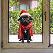1 pieza Pegatina de ventana con sombrero de Navidad, perrito y bufanda, creativa DIY, autoadhesiva, extraíble, de PVC para decorar y embellecer ventanas y cristales, decoración estacional, tema navideño, material de PVC, calcomanía autoadhesiva, para compradores navideños, entusiastas de manualidades