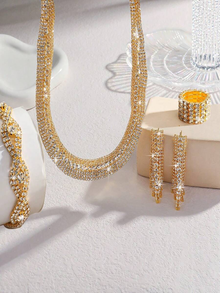 1 Set Shiny Gold Rhinestone Necklace And Earrings Jewelry Set, Suitable For Gifting To Female Friends, Fashion Party Dress Accessories