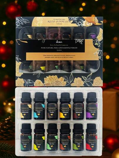 12-Piece Water-Soluble Plant Aromatherapy Essential Oil Gift Box Set, 12 Scents Of Patchouli / Cinnamon / Lavender / Tea Tree / Sandalwood / Rose / Lemon / Cedar / Frankincense / Vanilla / Mint / Basil To Relieve Fatigue, Soothe Sleep, Deodorize And Keep Fresh, Suitable For Various Aromatherapy Diffusers