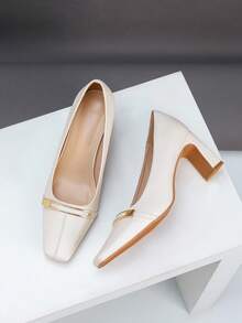 1 Par de Bombas de Salto Grosso de Bico Quadrado Francês Fashionable & Versátil, Feitas de Couro de Qualidade Vintage com Decoração de Tira, Adequadas para Vários Ambientes de Trabalho