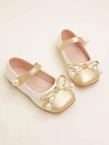 1 Pair Elegant Colorblock Cute Bow & Pearl Decor Girls/Kids Flat Shoes, Soft & Comfortable, Suitable For Spring, Summer, Autumn - Gold - View 3