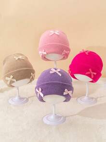 1pc Baby Girls' Knitted Beanie Hat With 3 Bows, Cute Infant Warm Knit Hat With Folded Brim, Elongated Winter Warm Baby Hat, Fashion Personalized Baby Warm Hat