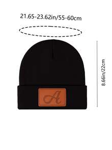 1pc Men's PU Leather 26 Letter Warm Knit Beanie, Soft & Comfortable Unisex Slouchy Beanie, Suitable For Autumn/Winter Outdoor Wear, Fashion Accessory, Great Gift