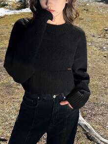 Alicedudu Women's Minimalist Chic Crew Neck Sweater, Autumn/Winter - Black - View 3