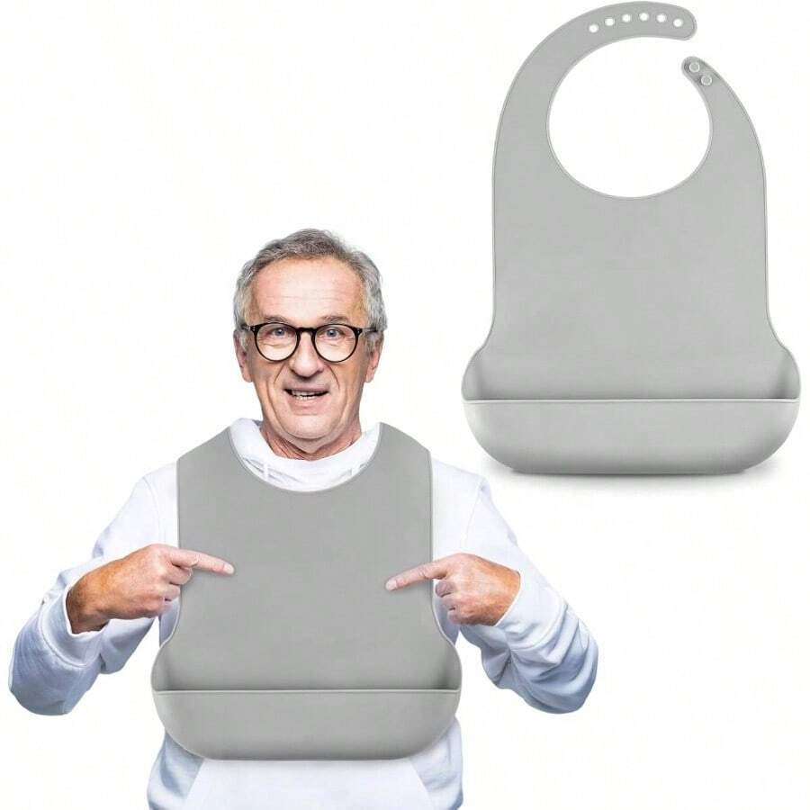 Babero ajustable de silicona para adultos, babero lavable para hombres y mujeres, babero impermeable para ancianos con receptor de migas - inicial - Ver 1