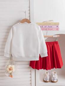 Young Girl Fruit Strawberry Waffle Knit Sweater T-Shirt Top Paired With Fashionable Pleated Skirt 2 Pieces Set, Suitable For Daily, Outdoor, Commute, School, Vacation, Party, Adorable Girl Outfit