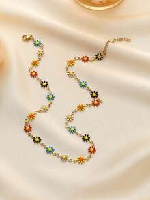 3pcs/Set Necklace, Bracelet, Earrings. Colorful Dopamine Daisy Necklace, Countryside Floral Choker Necklace For Women, Handmade Adjustable Flower Chain Bracelet With Random Flower Color Arrangement