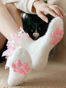 1/2 Par Meias de Coral Fleece com Laço em Formato de Pata de Gato 3D para Mulheres, Chinelos Confortáveis, Adequados para Uso Doméstico no Outono/Inverno, Meias para Dormir