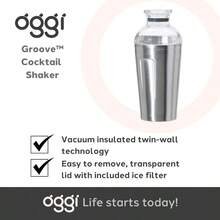 Groove - Coctelera aislante para cctel, 17 onzas, doble pared aislada al aspiradora, acero inoxidable, tapa Tritan tiene un colador integrado, mezclador de cctel, coctelera Martini - 481,94g + Acero inoxidable - Ver 8