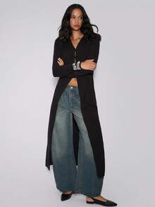 TypaGal 女士秋冬休闲运动时尚现代外出优雅性感黑色时尚超长开衫，适合散步，长袖上衣基本款