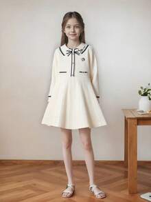 女童學院風長袖針織毛衣洋裝秋冬 - 杏色 - 查看 6