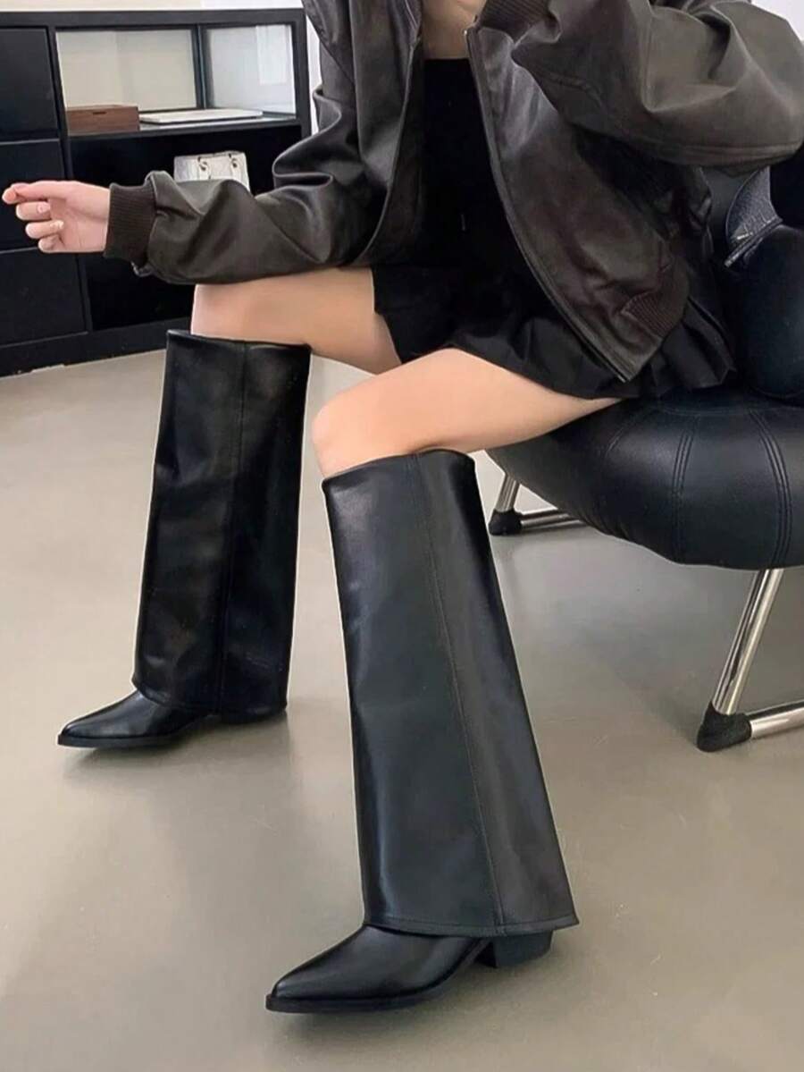 Women's Winter Over-The-Knee Boots, Pointed Toe Chunky Heel Tall Boots, Black Boots, Fold-Over Boots, Fashionable Shark Boots, Slip-On Tube Boots, Suitable For Daily Wear, Music Festivals, Parties, And Various Occasions - Black - View 1