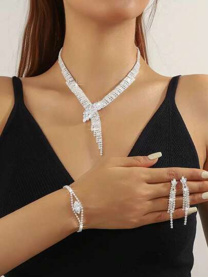 4-częściowy elegancki damski zestaw naszyjników z kryształkami, romantyczny naszyjnik ślubny, kolczyki, bransoletka, biżuteria pierścionkowa, prezent świąteczny