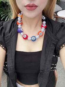 1pc New Colorful Billiard Table Necklace, Unique Dopamine Color Pearl Adjustable Choker Necklace