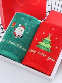 2PCS Christmas & New Year Towels Set, Holiday Themed Pure Bath And Face Towels, Soft Comfortable Absorbent Fabric, Perfect Gift, No Electricity Needed - Red & Green