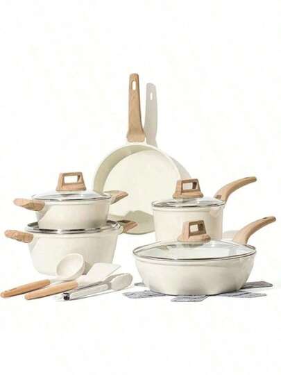 A Set Of Non Stick Cookware - White Granite Surface, Suitable For Induction Cookers, Including Frying Pans And Stew Pots, Soup Pots With Lids, Suitable For Home Kitchen Use