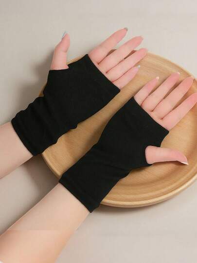 1 par de calentadores de brazo sin dedos tejidos, guantes deportivos cortos para hombres y mujeres, delgados para otoño/invierno
