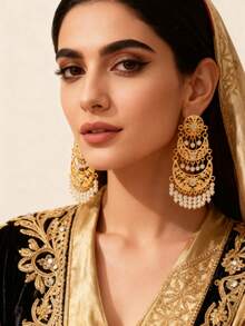 一对镀金新月耳环，中东奢华新娘耳环，阿拉伯时尚女士耳环，适合节日和庆典佩戴 - 金色 - 查看 6