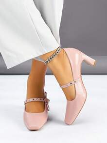 1 Par de Sapatos de Salto Grosso Quadrado de Couro Envernizado Versátil e de Alta Qualidade com Fivela de Pérola, Adequado para Várias Festas e Roupas de Trabalho, Primavera/Outono