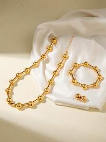 imoli 1 Set Minimalist Fashionable Gold-Tone CCB Beaded Curved Tube Niche Design Elegant Jewelry Set, Perfect Gift For Women To Wear Casually In Any Occasion