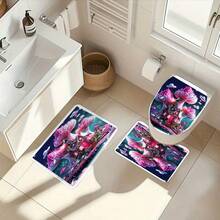 Juego de 1/4 piezas de cortina de ducha con estampado de castillo de setas rosas, cortina de ducha impermeable con ganchos, alfombra antideslizante, alfombra para tapa de inodoro y alfombra en forma de U, juego decorativo completo para el baño, accesorios de baño