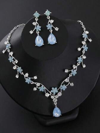 1 pieza Conjunto de collar con colgante de flor y gota de cristal rhinestone, elegante cadena de lujo para la clavícula, accesorio versátil