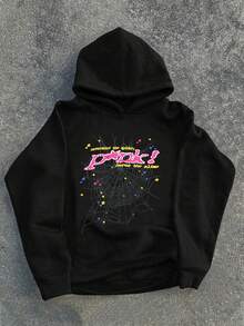 Teens' Black Fashionable Versatile Bear Print Warm Sweatshirt Sweatshirt, Fleece Lined, With Hood, Gift For Teenage Boys, Autumn/Winter - Black - View 11