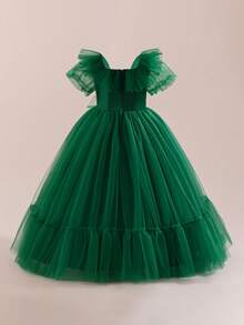Abito lungo da damigella d'onore in tulle elegante per ragazze pre-adolescenti, adatto per feste di Natale, matrimoni e balli, con maniche corte - Verde - Visualizzare 2