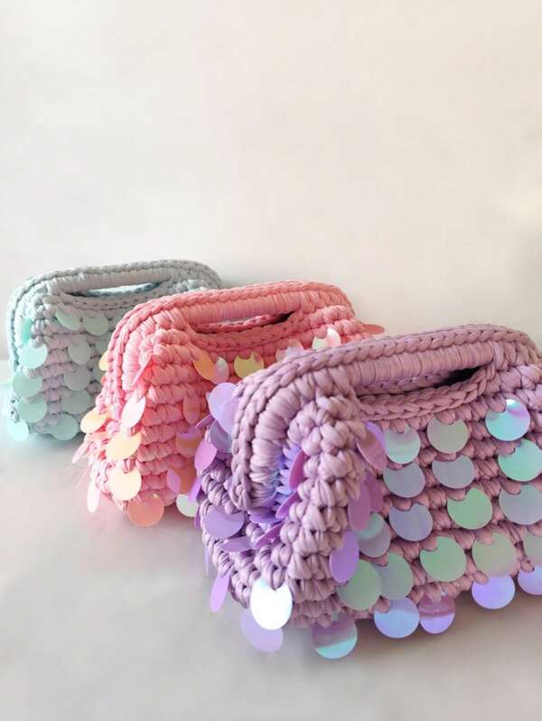 New Small Sequin Crochet Cluth Bag With Shine Paillettes Handmade Evening Bag Holiday Makeup Bag