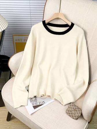 Women's Crew Neck Contrast Trim Knit Sweater, Everyday Wear
