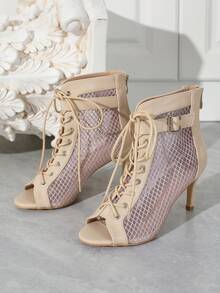 Women's Mesh Sandals Summer Booties Mesh Booties Zipper Peep Toe Lace Up Buckle Strap Kitten Heels Comfortable Sexy Wedding Bridal Party Dress Shoes - 杏色 - 查看 11