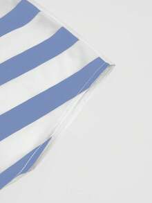 休闲夏日假日条纹系带圆领无袖蝴蝶结下摆开衩女式衬衫 - 藍色 - 查看 10