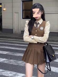 Autumn Women's Korean Drama College Style Suits, Small British Suit Vest Shirt Pleated Skirt JK Uniform - 咖色馬甲+裙子 - 查看 7