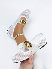 1 Par de Sapatilhas de Balé Francesas da Moda para Mulheres, Estilo Mary Jane, Plana, Sandálias com Recorte em Tela/Rede