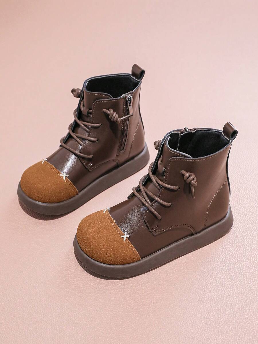 1 Pair Fashion Color Block Side Zipper Design Children Boots, Soft & Comfortable, Suitable For Outdoor, Autumn/Winter