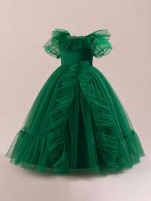 Abito lungo da damigella d'onore in tulle elegante per ragazze pre-adolescenti, adatto per feste di Natale, matrimoni e balli, con maniche corte - Verde - Visualizzare 4
