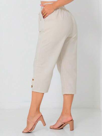 Calça capri  Simples    Linho    Bolso    social  Escritório    invierno  2025
