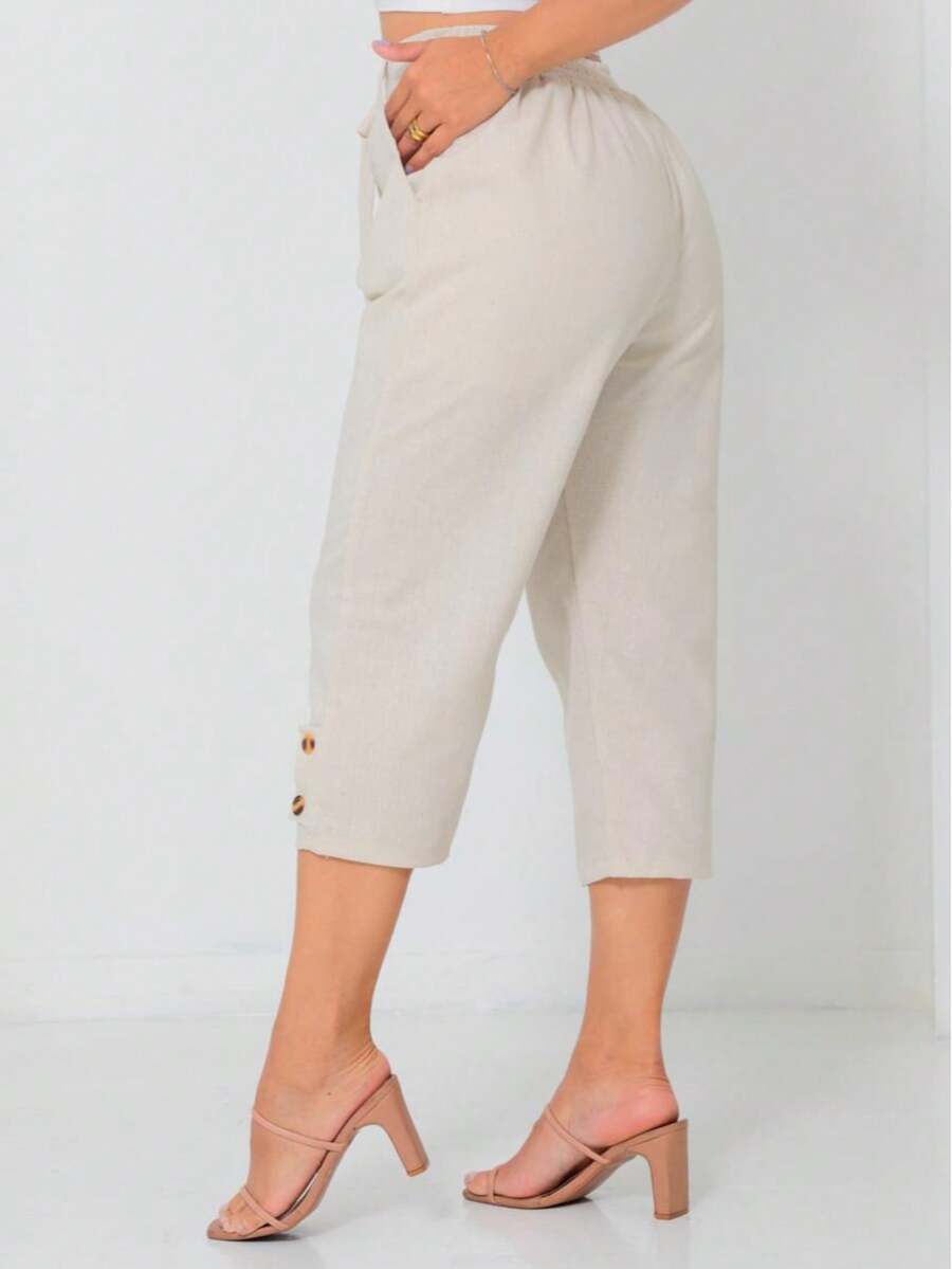 Simple Linen Capri Pants With Pockets For Winter Office 2025 - Màu be - Xem 1