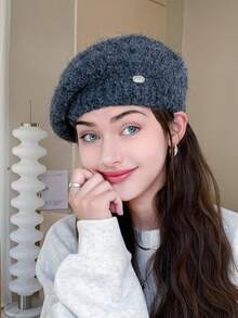 1pc Women's Classic Fuzzy Beret Hat, Knitted Solid Cloud Beanie, Fine Fleece Painter Cap, Casual Style Newsboy Hat, Suitable For Autumn/Winter Daily Wear, Walkable, Shopping