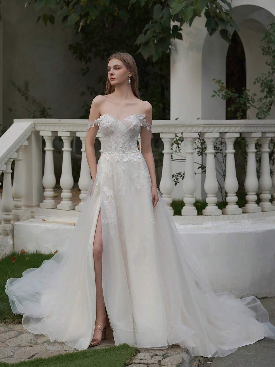 YOUKEFEIER 露肩心形领口性感高开叉蕾丝刺绣长款婚纱